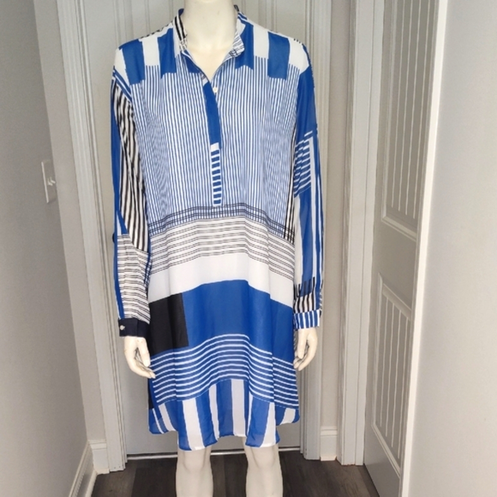 Blue and White Striped Long Sleeve Dress